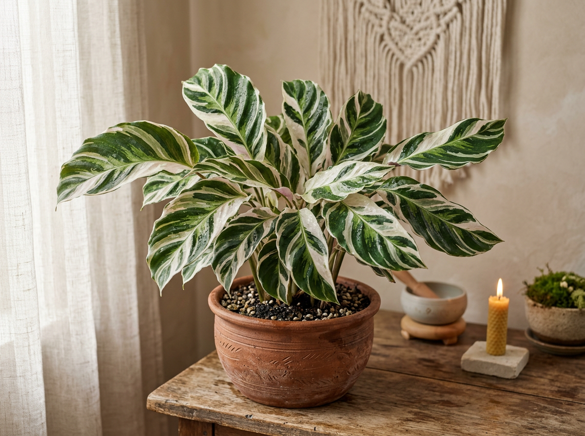 Page: Cách chăm sóc cây Calathea White Fusion (Đuôi công cẩm thạch) » Cây xanh HCM. Context: Ý nghĩa